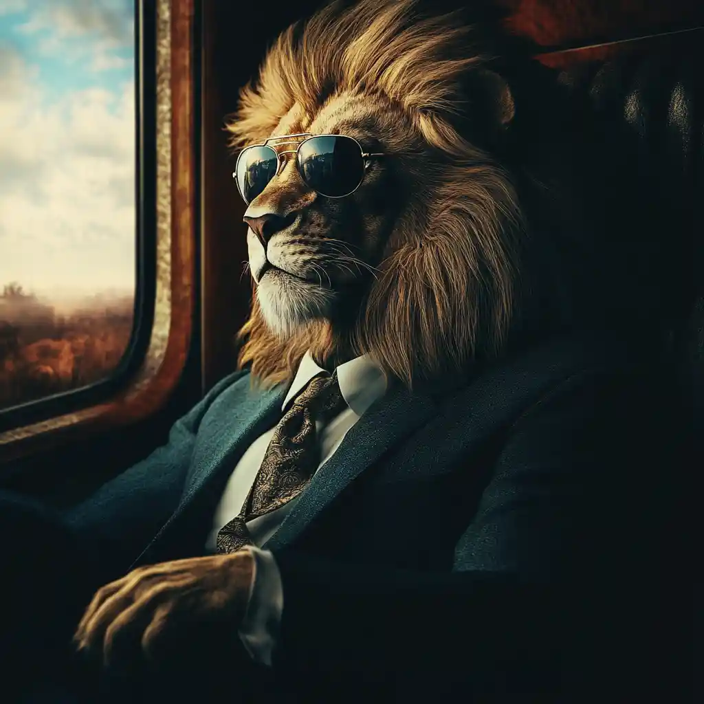 Leone regale in prima classe sul treno con occhiali da sole