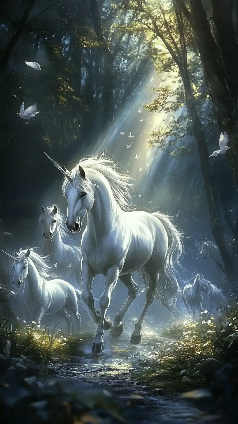 Licorne blanche descendant d’un ciel sombre avec ses suivants