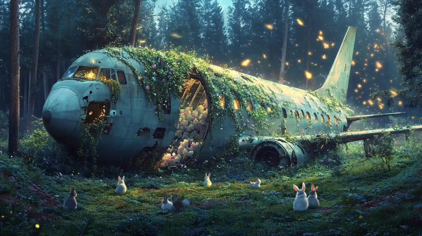 Rabbits Living In Overgrown Plane Wreck In Forest Clearing