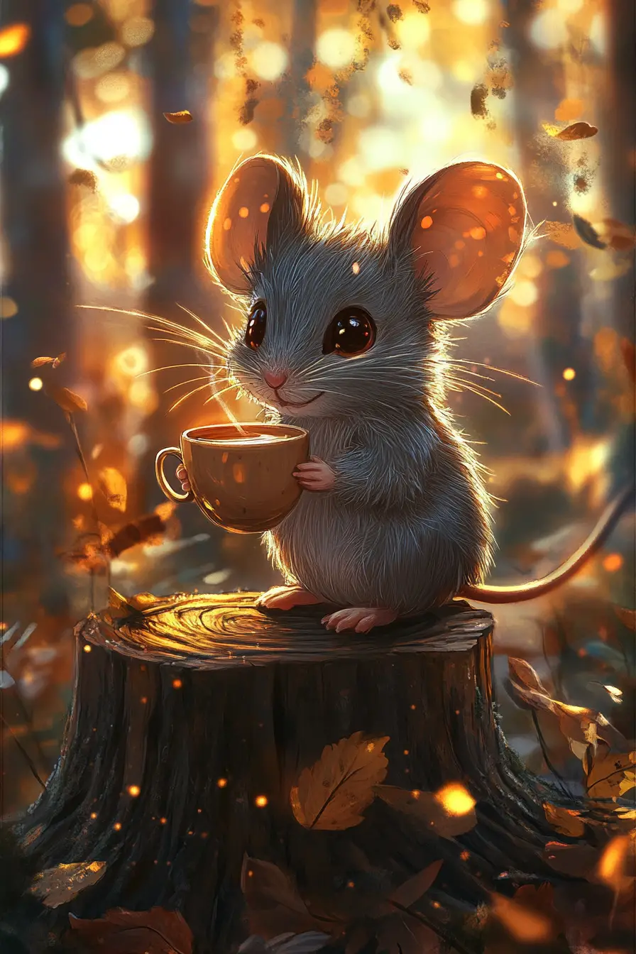 Süße Anime-Maus, die auf einem Baumstumpf im Wald Tee trinkt