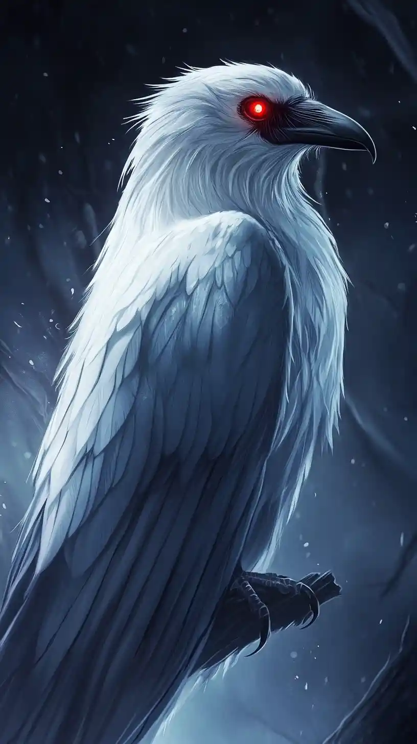 Mystical White Raven With Glowing Red Magical Eyes