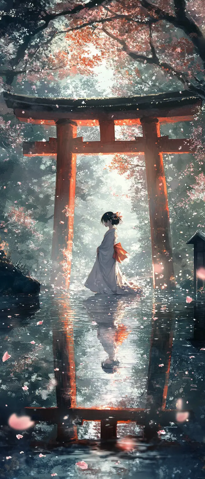 Kitsune bride waiting alone beneath an ancient torii