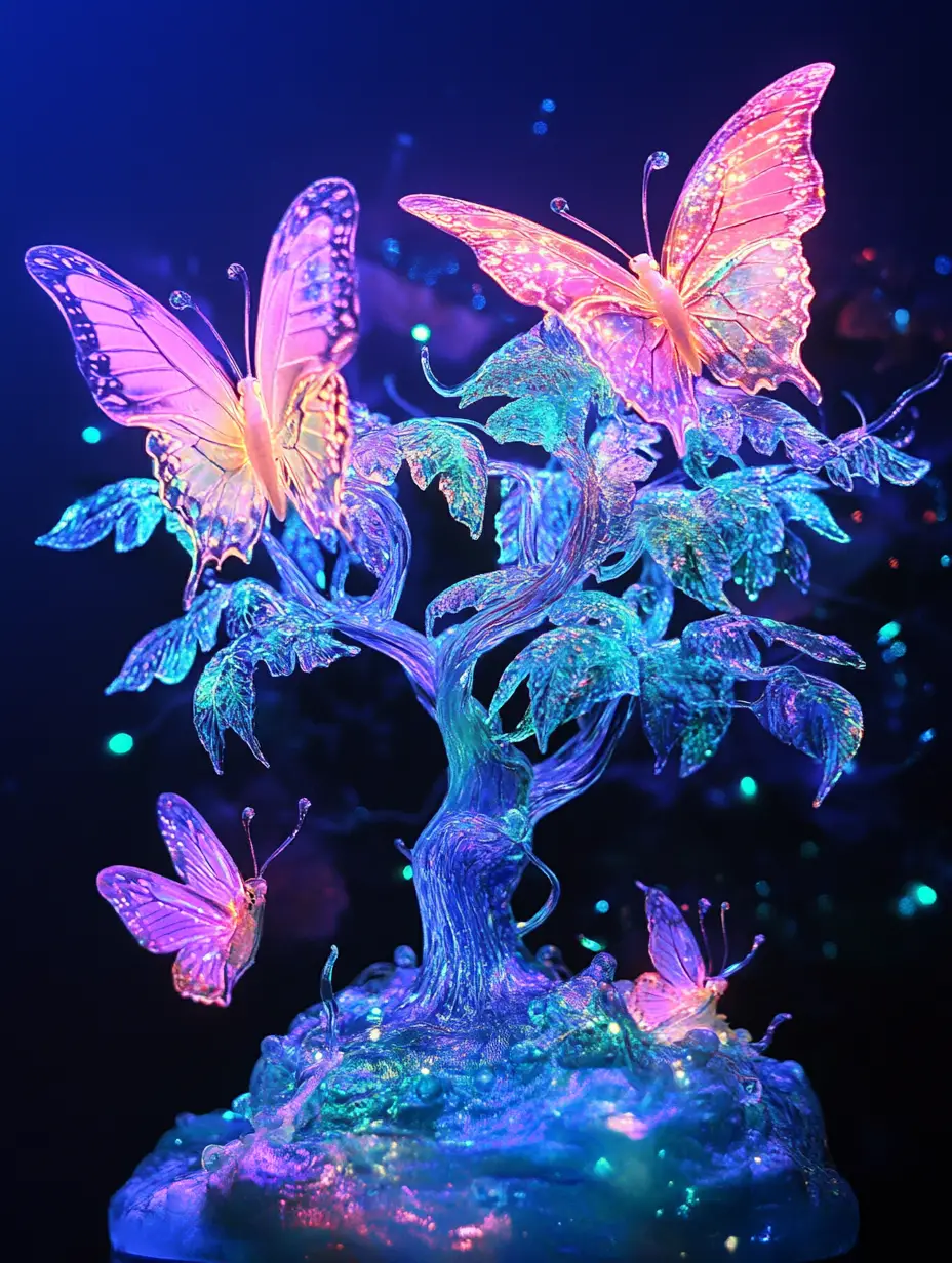 光り輝く幻想的な木の彫刻に舞うルミナスピンクの蝶