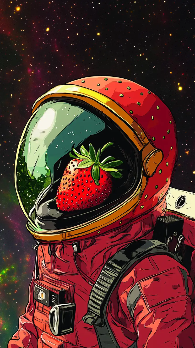 外太空中嬉戲的草莓太空人卡通插畫