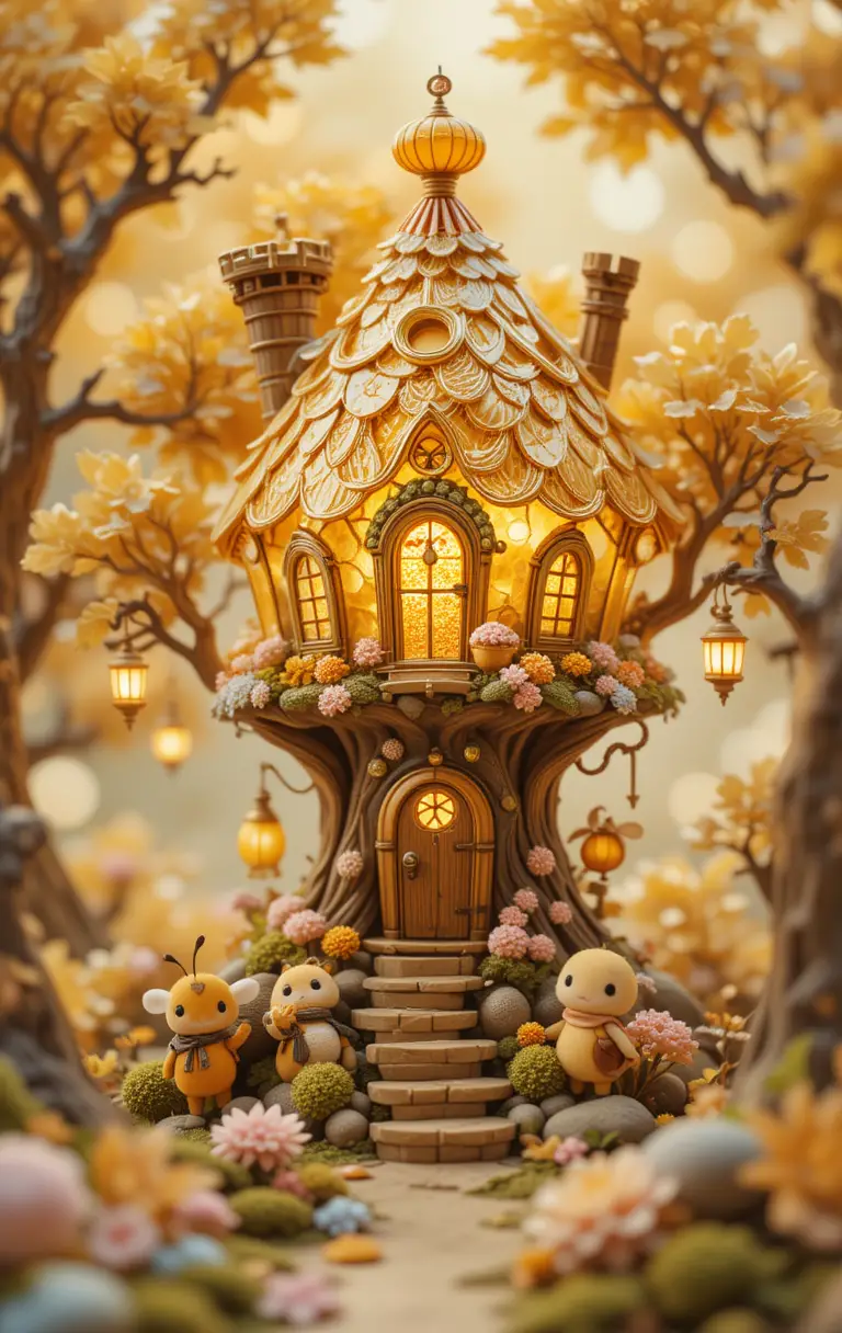 Diorama fiabesco di una casa sull’albero 3D con api carine e lanterne