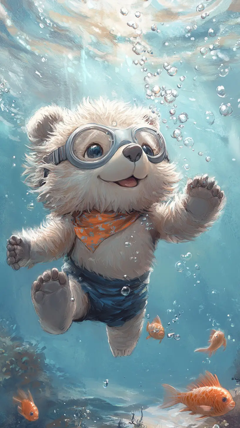Orso dei cartoni animati giocoso che nuota in un delicato mondo sottomarino