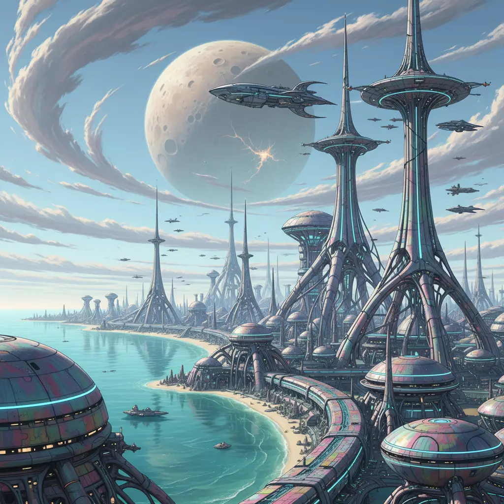 Vaste cité extraterrestre au bord d’un océan futuriste turquoise