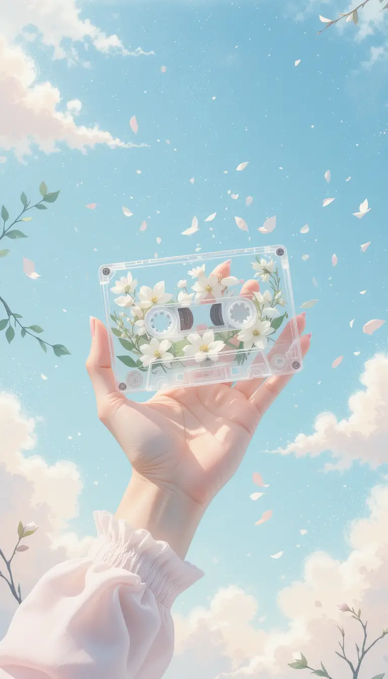 Frauenhand mit floraler Kassette vor sanft blauem Himmel