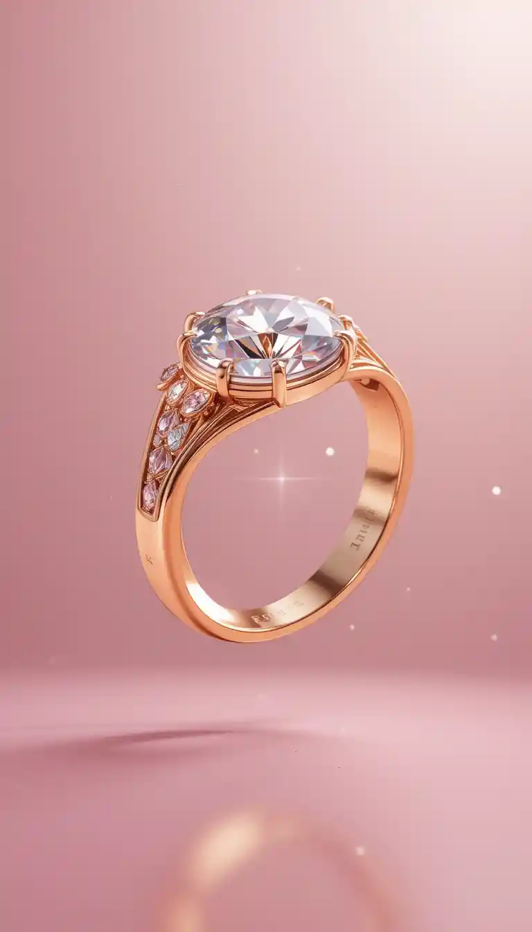 Goldener 3D-Ring mit Diamant auf zartrosa Hintergrund