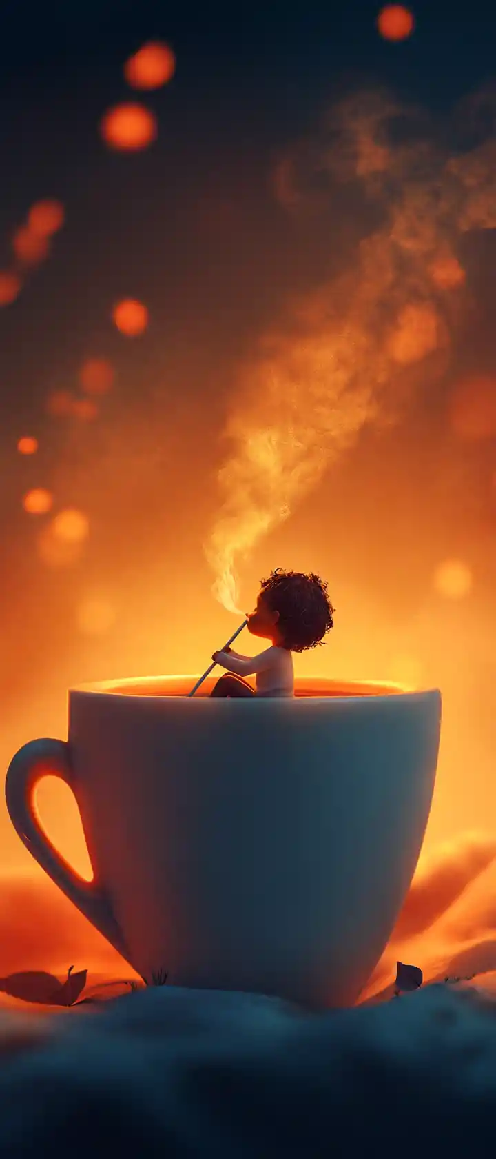 Minuscola persona che si rilassa dentro a una tazza di caffè gigante