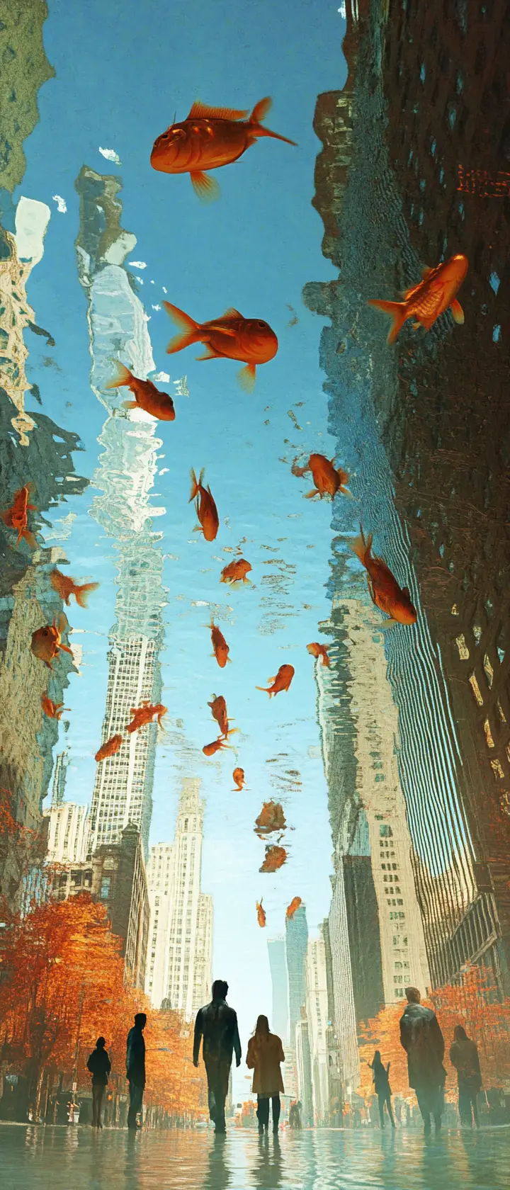 魚在空中游動的超現實城市街道