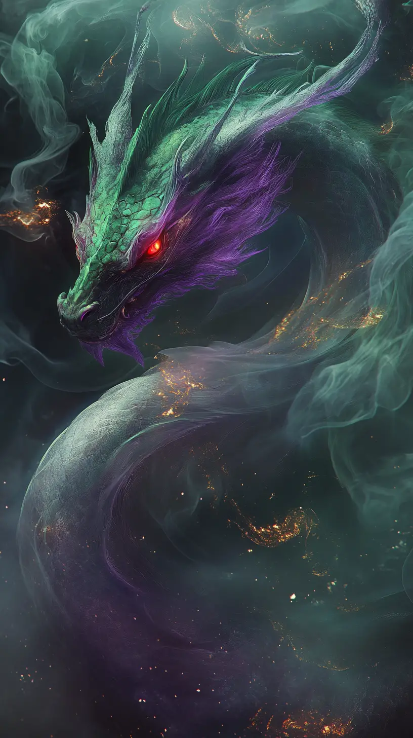 Ätherischer Rauchdrache im lila‑grünen Nebel