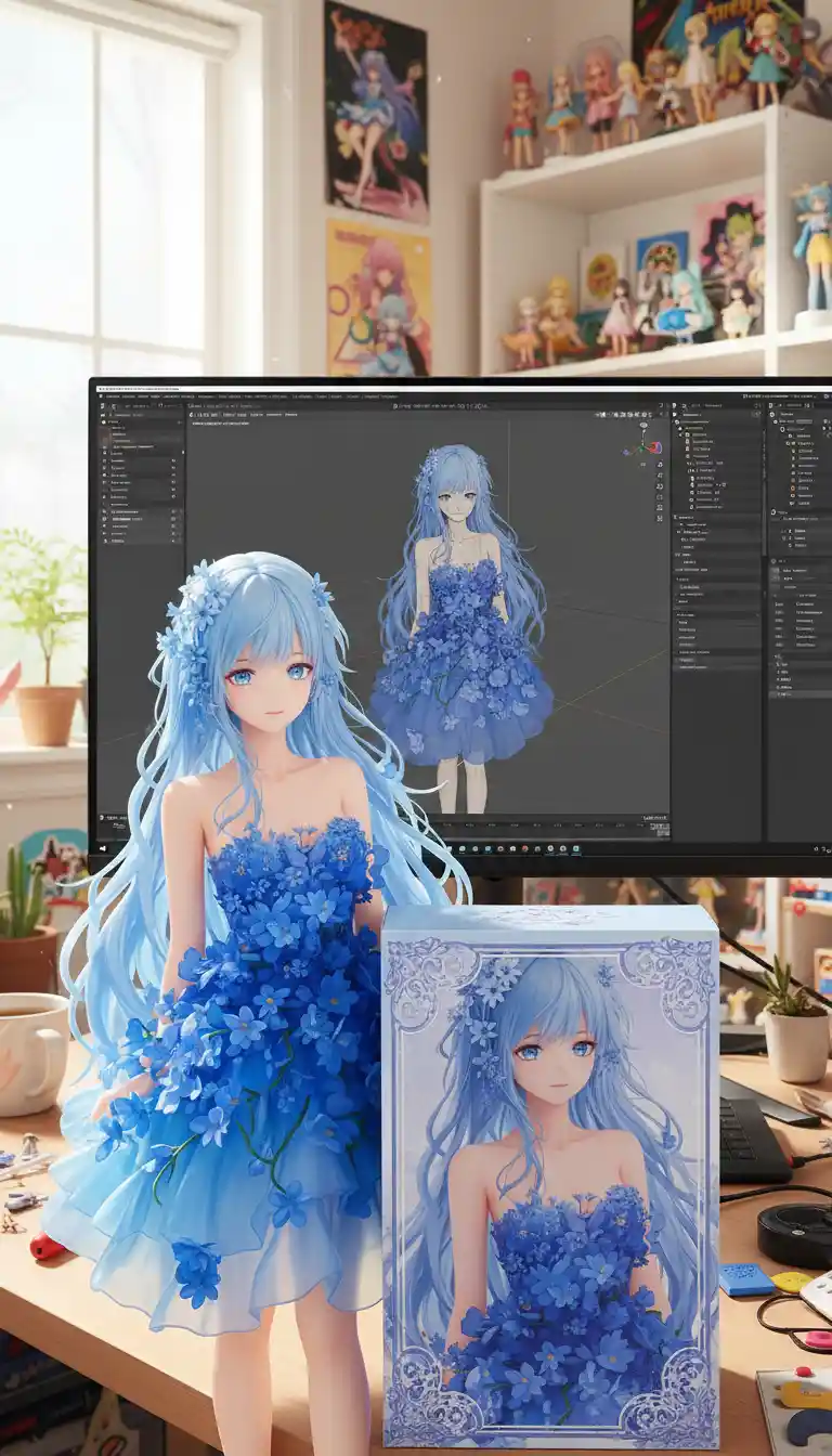 ボックスとBlender画面付きの精巧なPVCキャラクターフィギュア