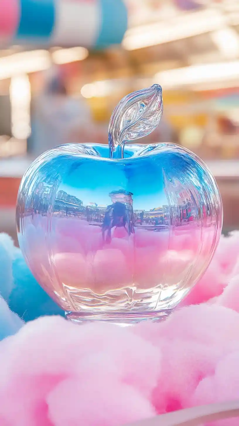 Manzana de cristal sobre mesa de algodón de azúcar en una feria de verano