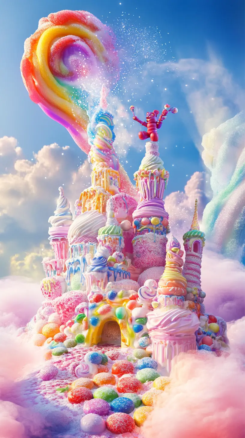 Magisches Bonbonschloss, das auf einer rosa Wolke schwebt
