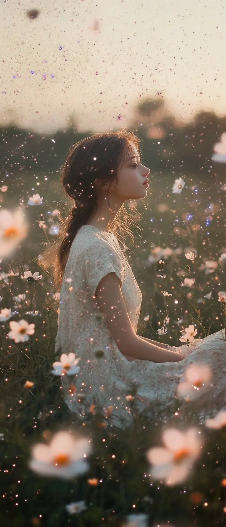 坐在宇宙花銀河田野中的少女