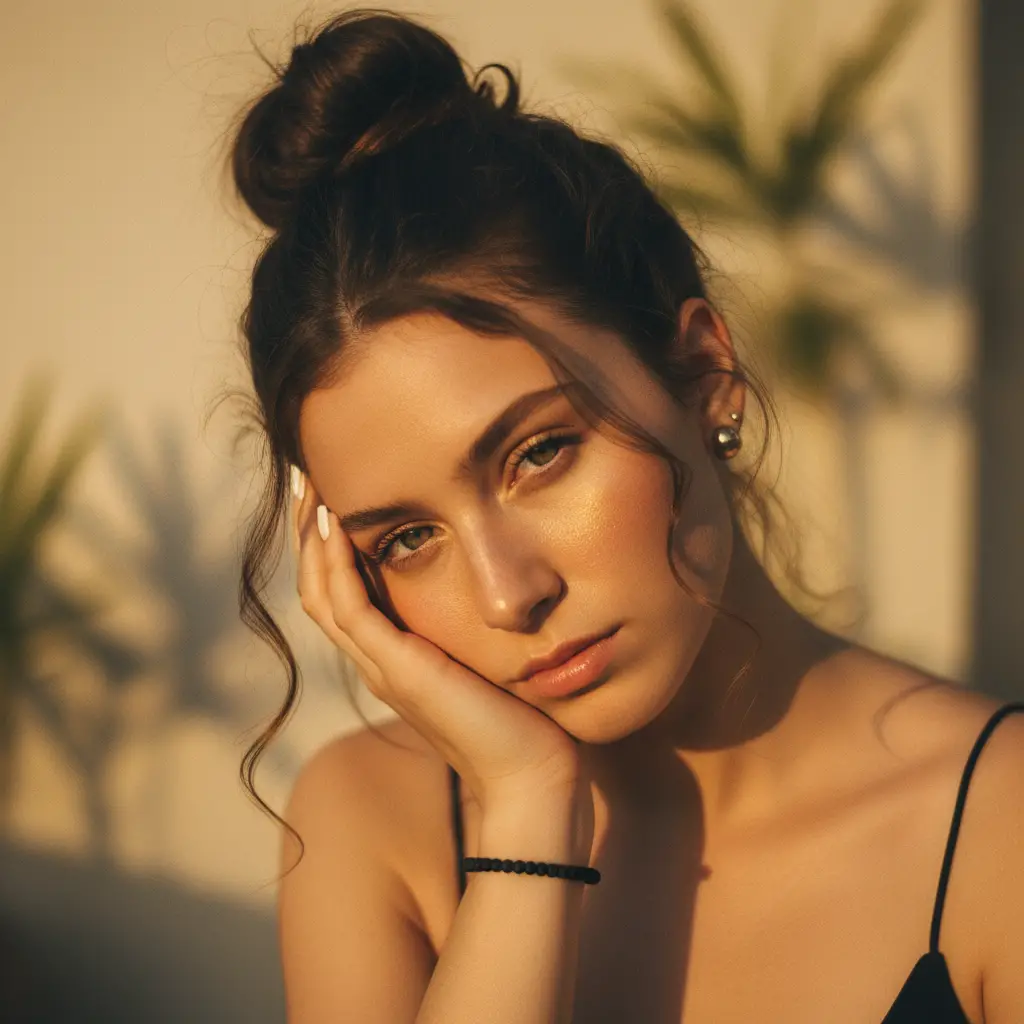 Intimes Golden-Hour-Porträt einer nachdenklichen jungen Frau