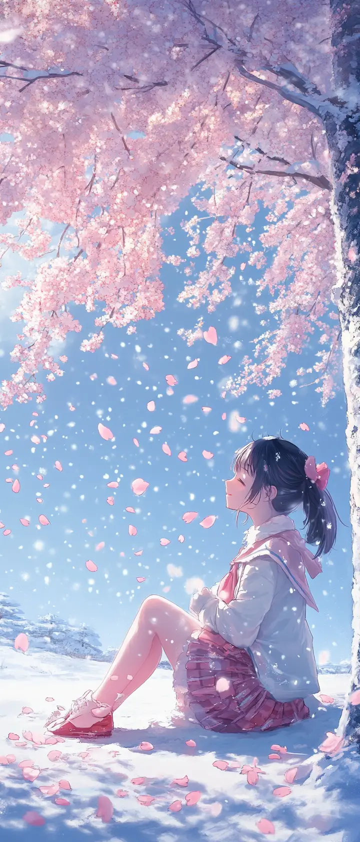 冬日櫻花樹下的動漫少女