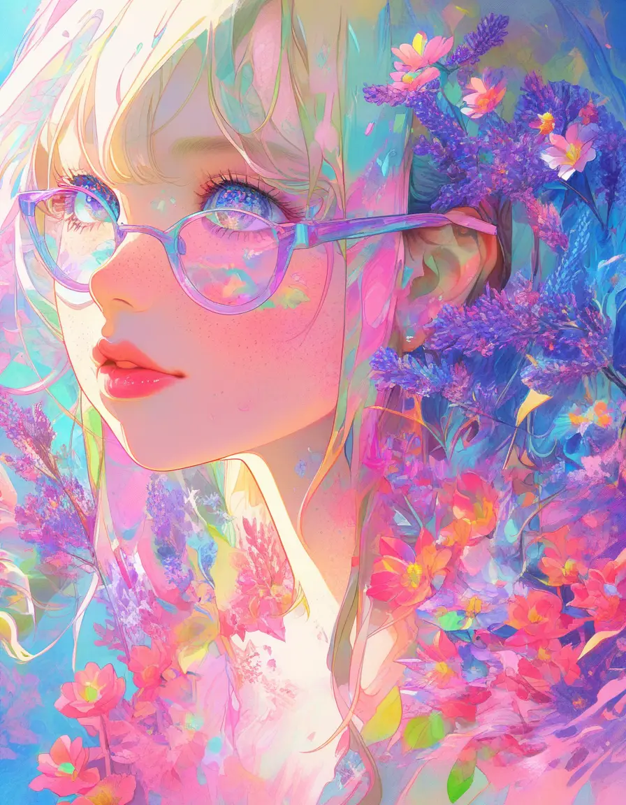 Anime girl with glasses and pastel floral portrait