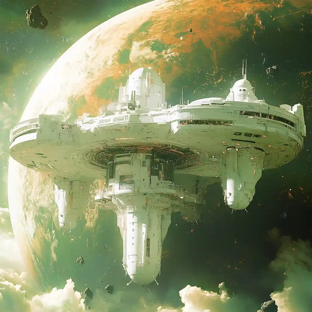 Méga-station spatiale blanche futuriste en orbite autour d’une planète lointaine