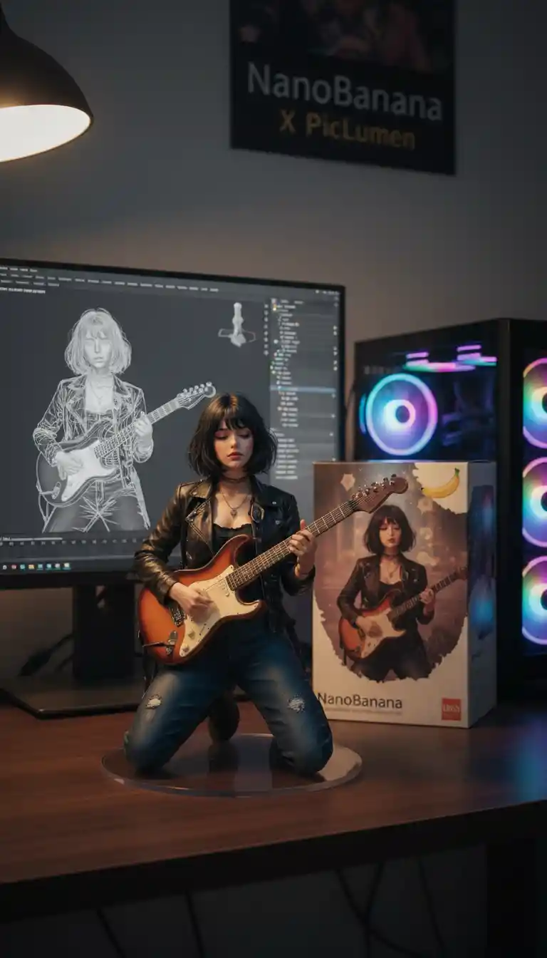 Figure anime che suona la chitarra su una scrivania per computer accogliente