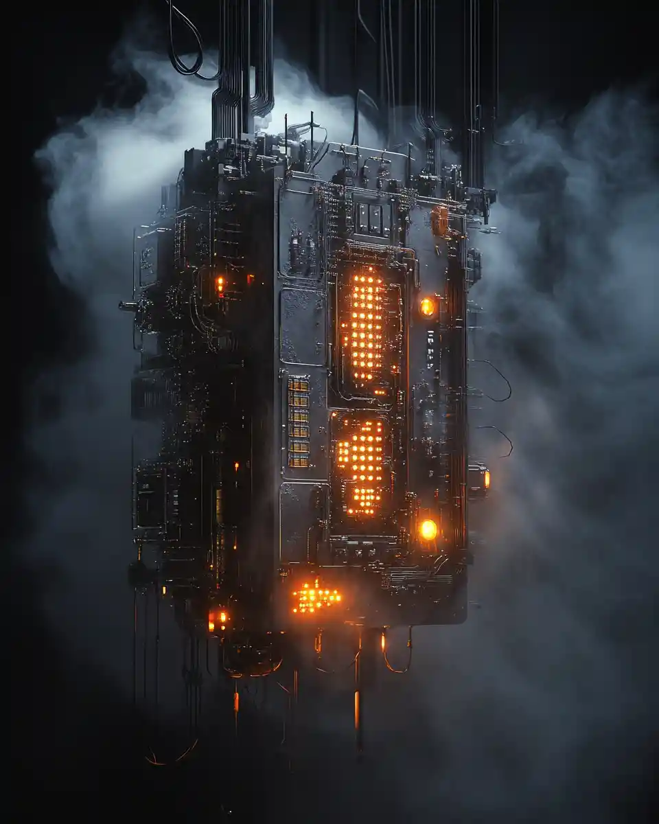 Sculpture industrielle photoréaliste dans une atmosphère abstraite et sombre