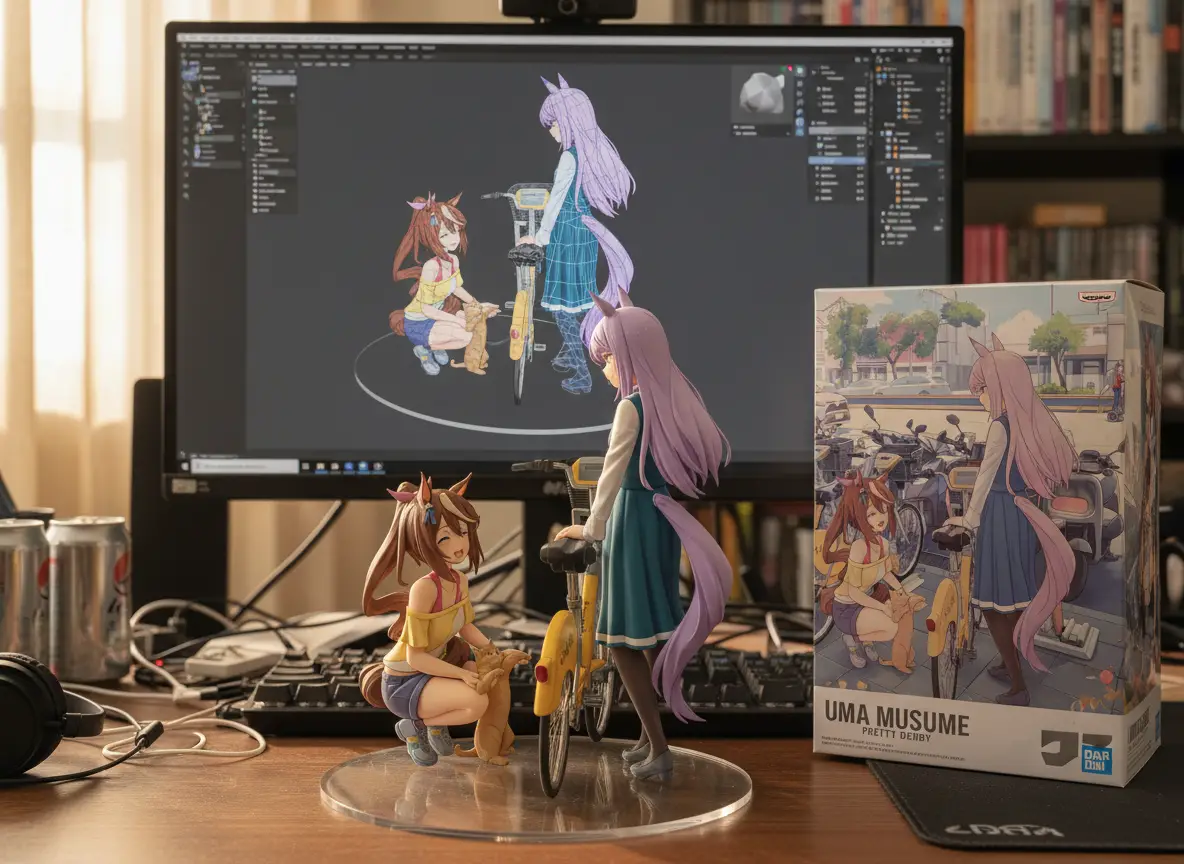 Realistische Figur auf Computertisch mit Verpackungsschachtel