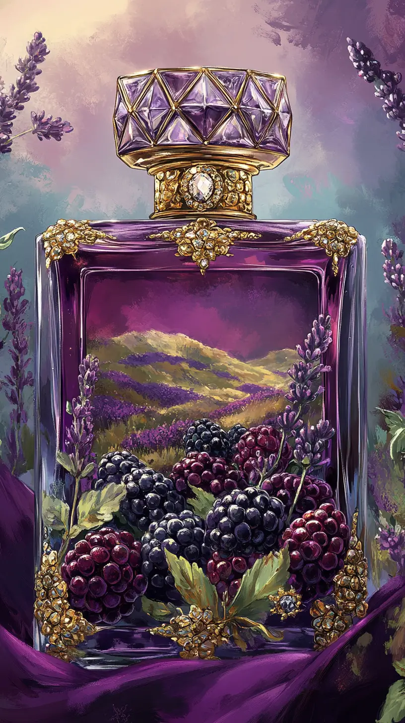 Flacone di profumo con illustrazione di more e lavanda