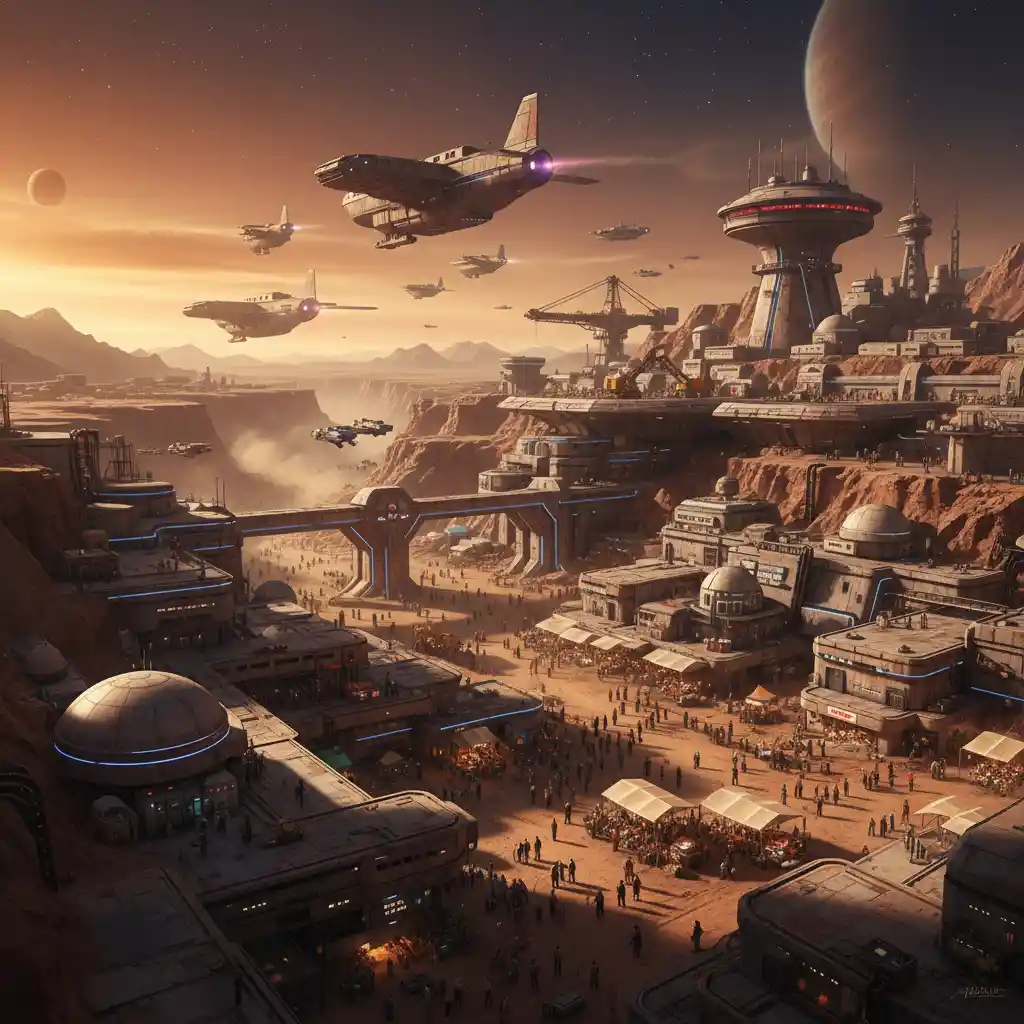 Vibrant offworld space colony with busy desert starport