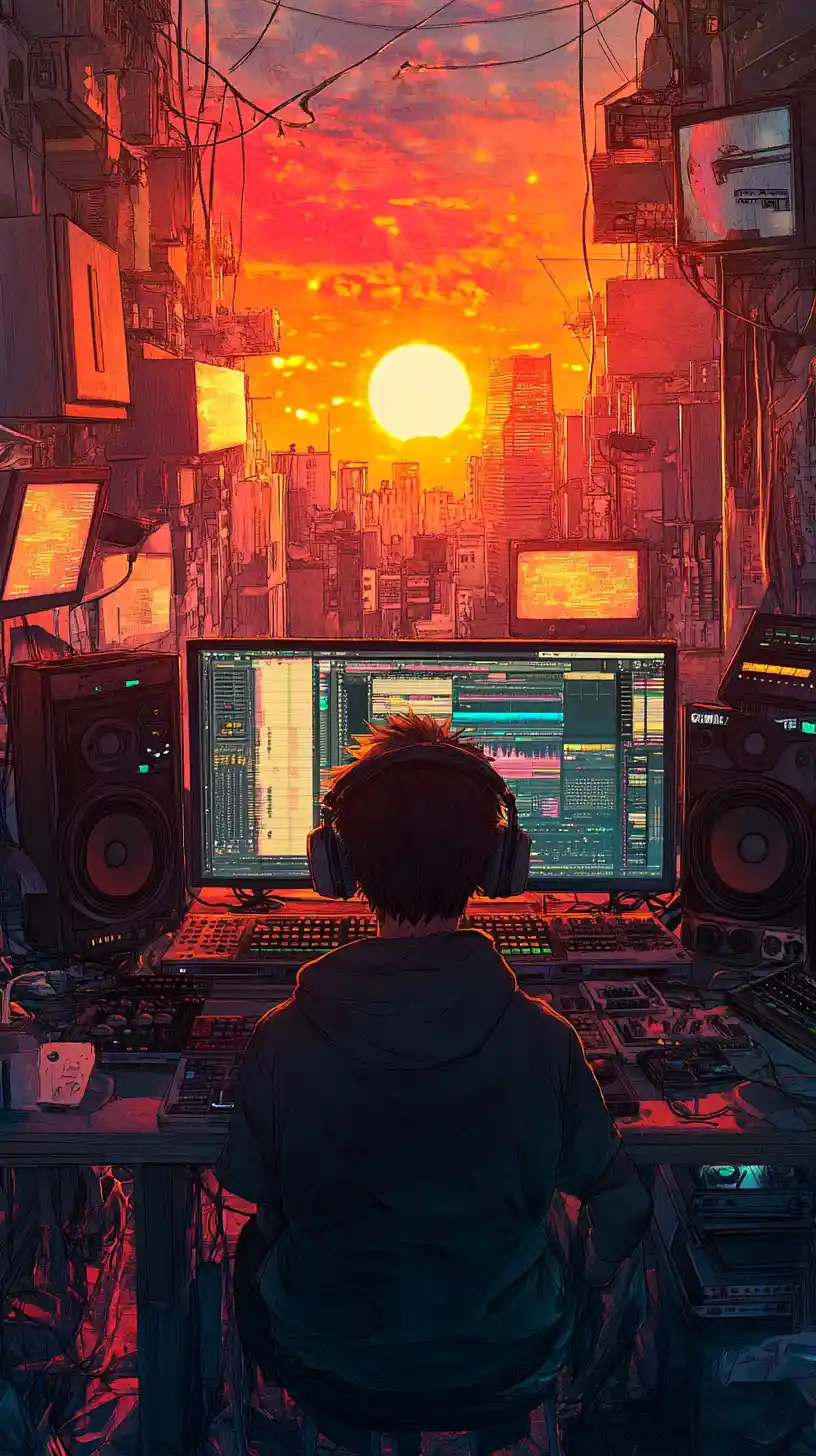 Anime man with headphones at neon music studio desk