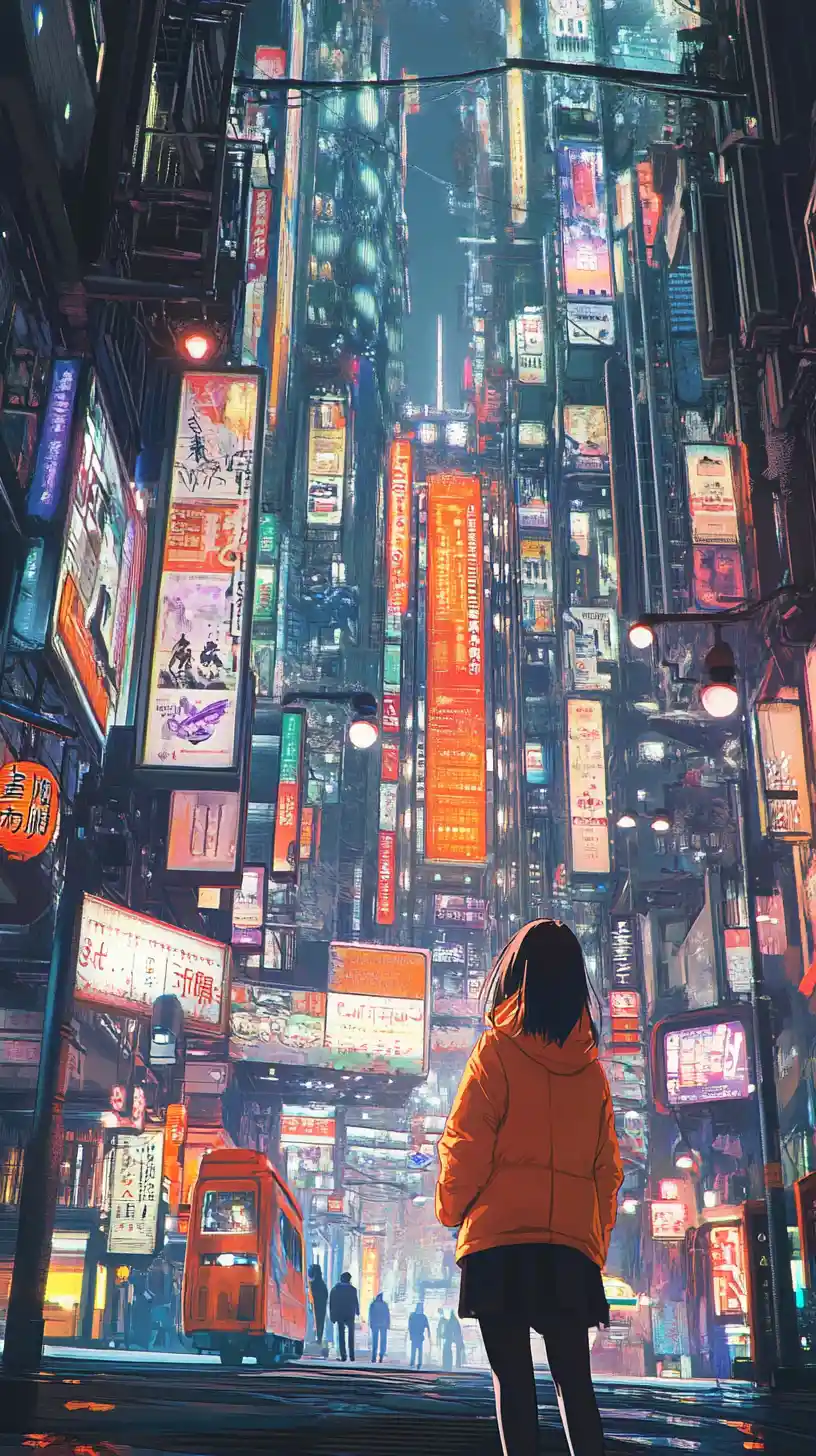 夜晚充滿活力的未來城市中的動漫女孩