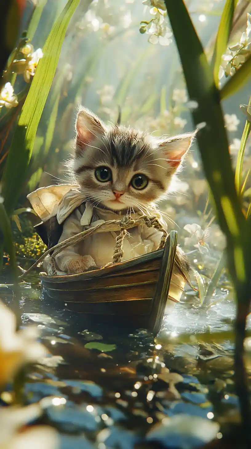 Tiny sailor cats playing with a toy boat outdoors
