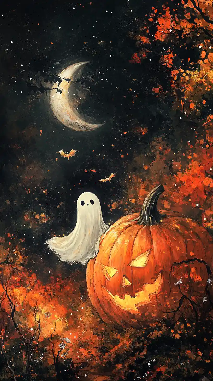Fantasma lindo con calabaza gigante bajo la luna creciente