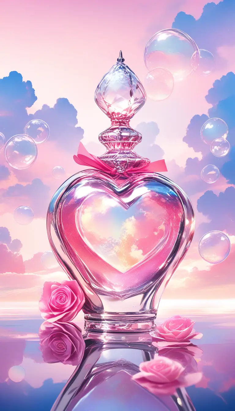 Flacone di profumo in vetro a forma di cuore tra nuvole da sogno