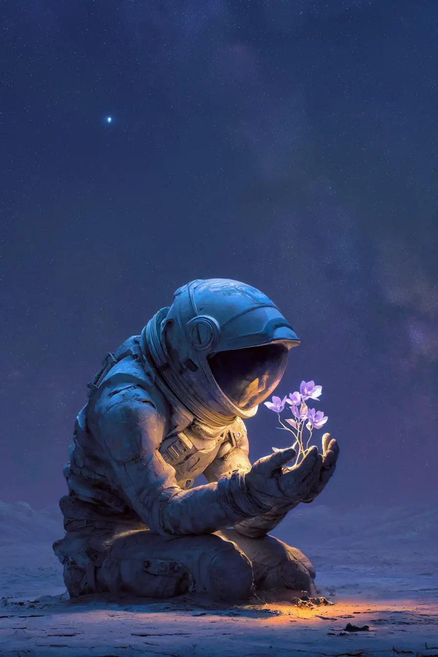 荒蕪星球上抱著發光外星植物的太空人
