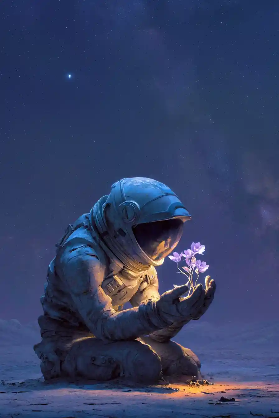 荒蕪星球上抱著發光外星植物的太空人