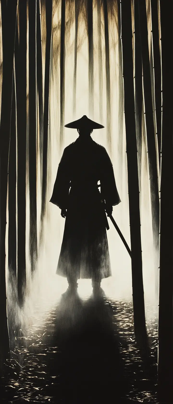 Stille Samurai-Silhouette im nebligen Bambus bei Sonnenaufgang