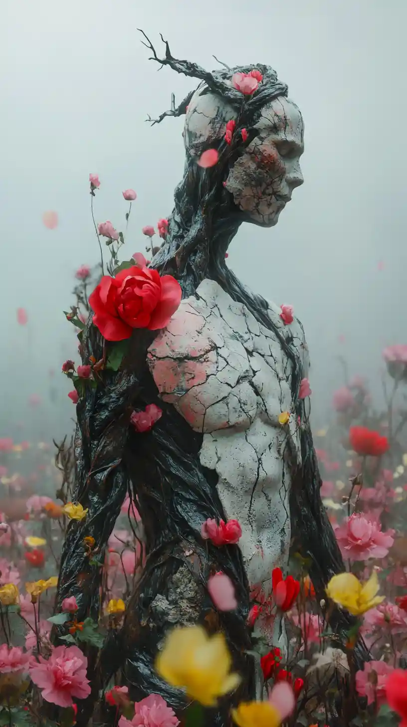 Gehörnter steinerner Humanoid in einem Feld blühender Blumen