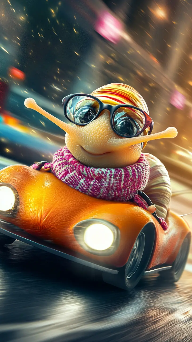 Chiocciola colorata in stile cartoon che corre veloce in un'auto decappottabile