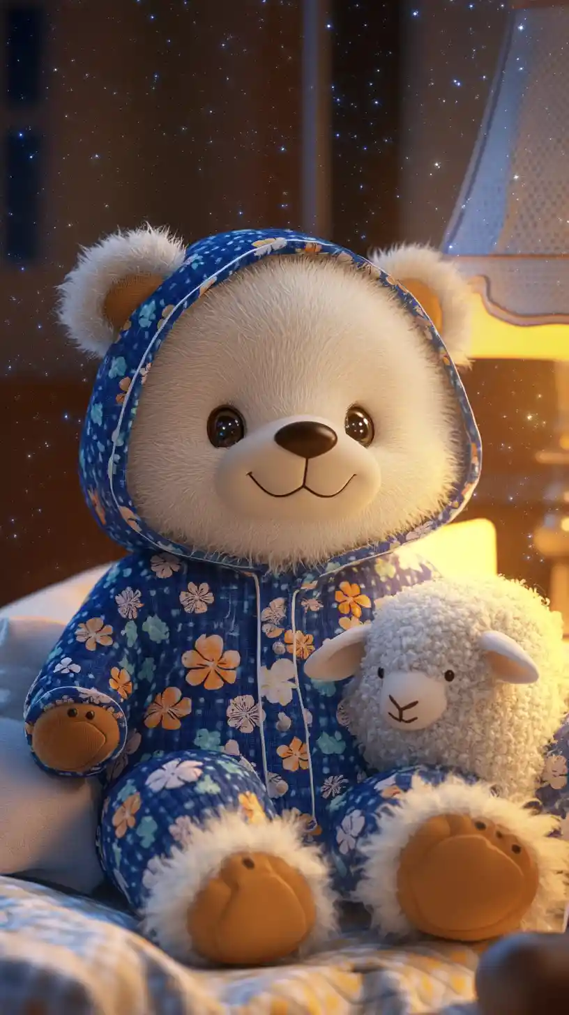 Cute teddy bear in blue onesie cuddling a plush sheep