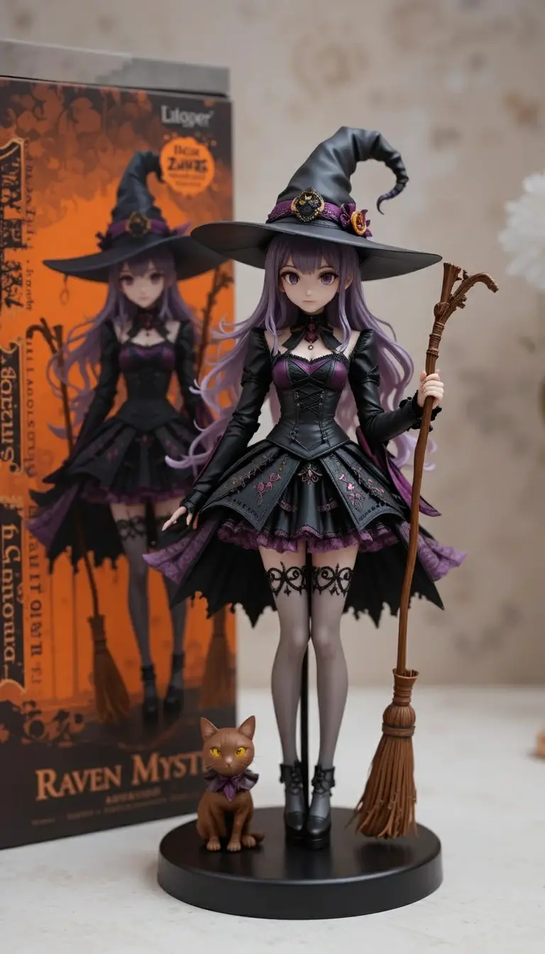 Figuretta di strega anime gotica con gatta nera compagna