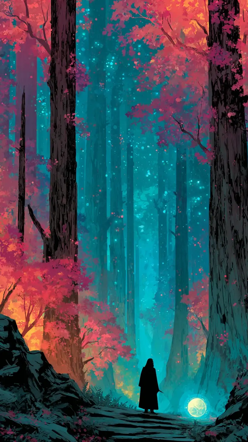 Lone robed figure in glowing mystical forest