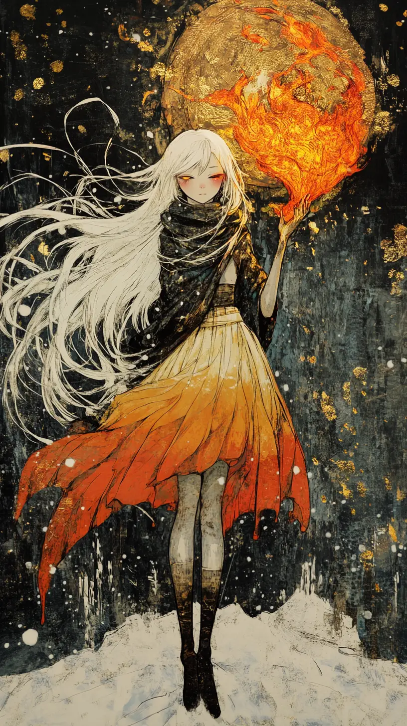 Anime-Mädchen mit flammendem Schwert auf verschneitem Feld in mitternächtlicher Szenerie
