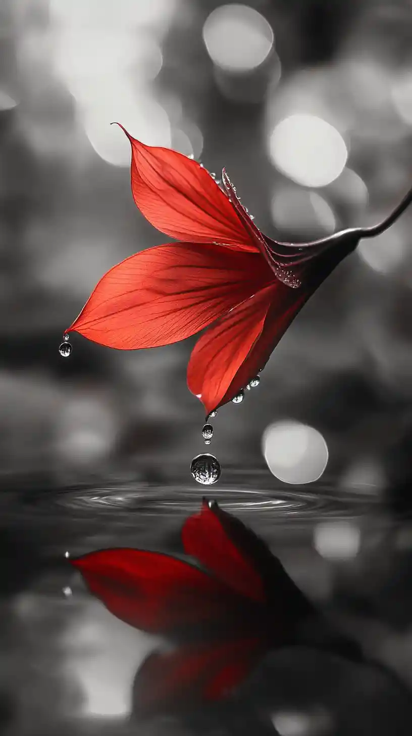 Pétale de fleur rouge reflété dans une goutte de pluie dans un monde monochrome