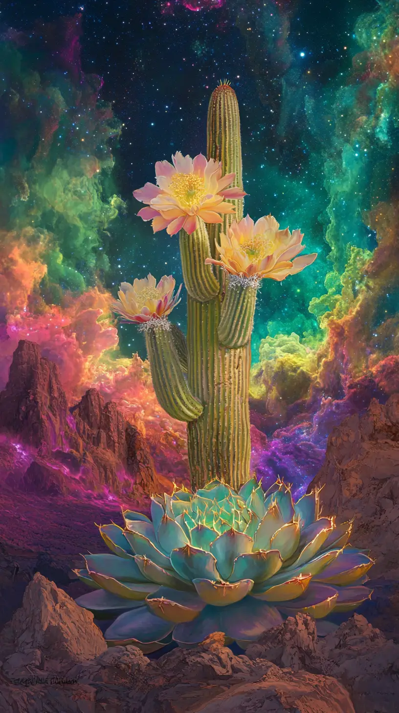 超現實仙人掌與多肉植物於宇宙沙漠星空下