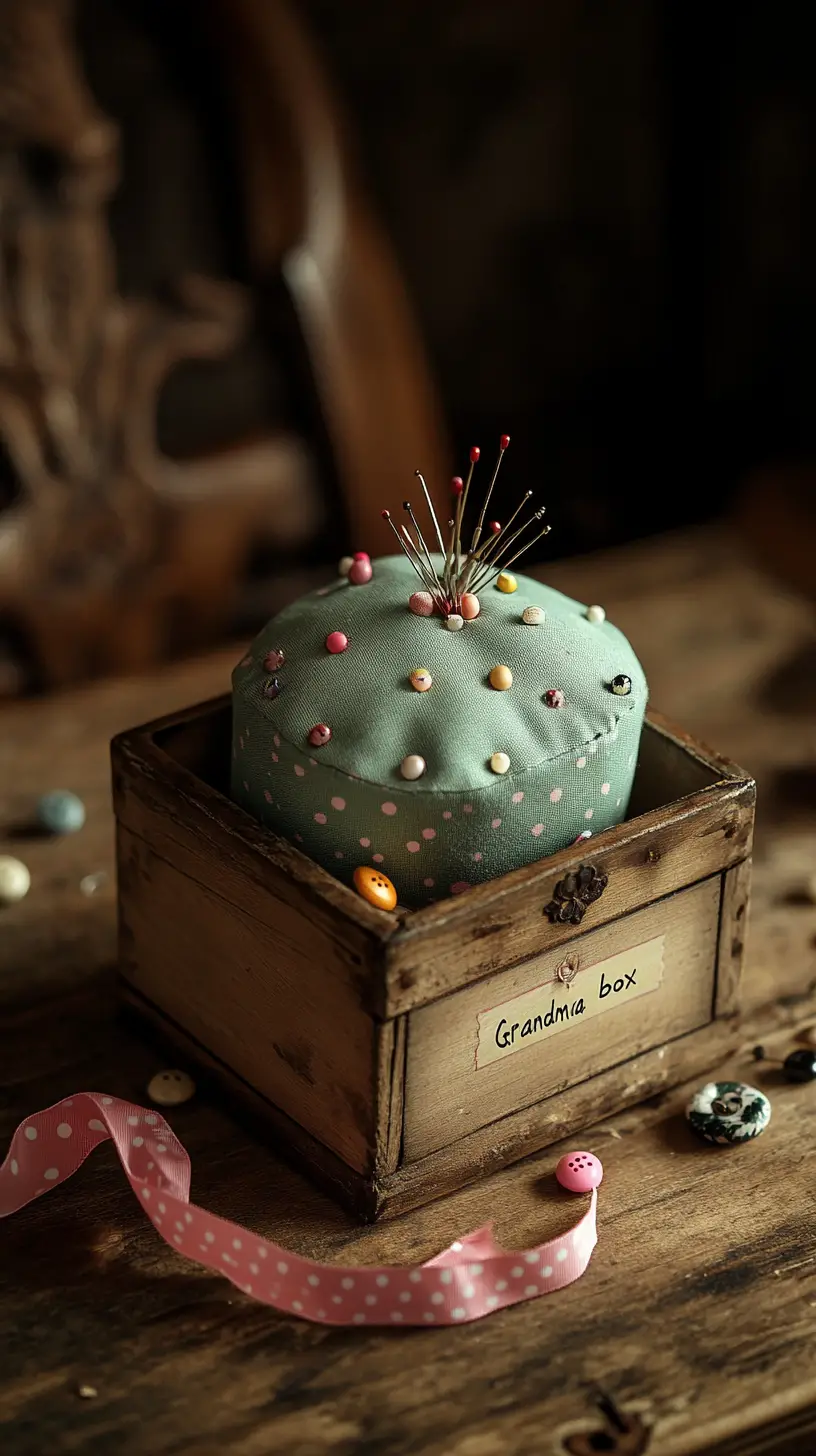 Boîte à couture vintage sur table de cuisine rustique avec épingles