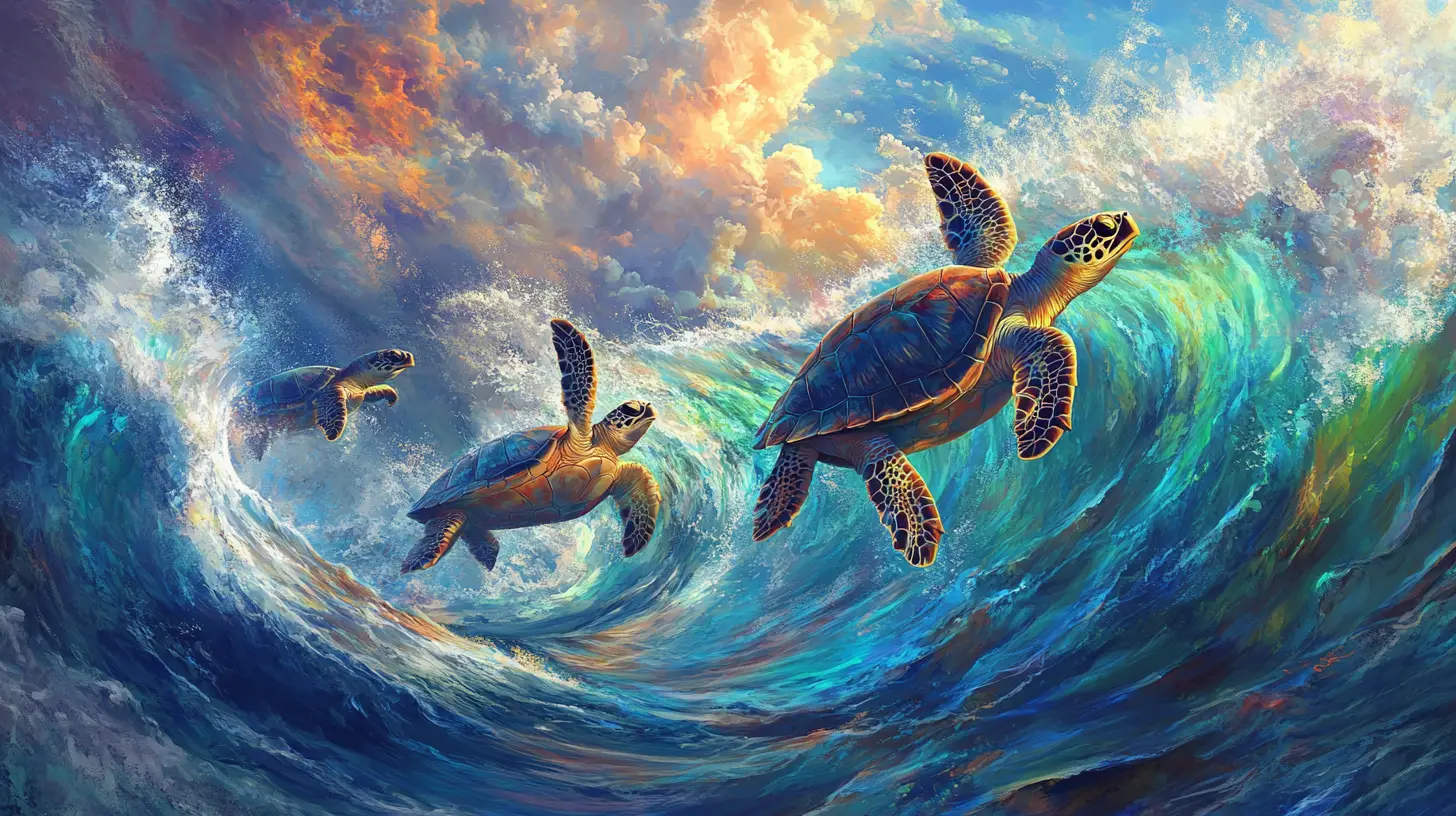 Des tortues de mer émergent d’un océan orageux vers un arc-en-ciel tourbillonnant