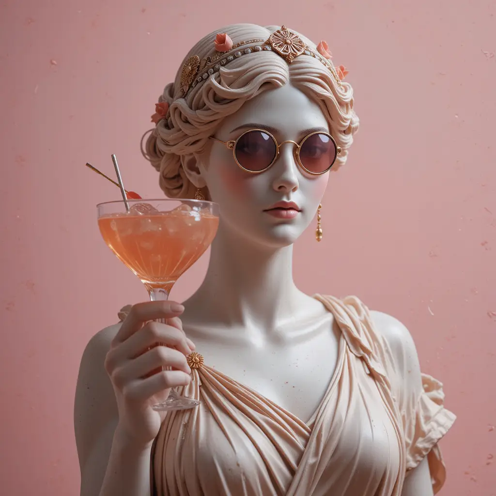 カクテルを飲みサングラスをかけたギリシャ風女性像
