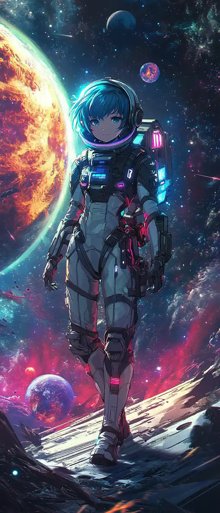 Anime astronaut girl floating by a neon space station