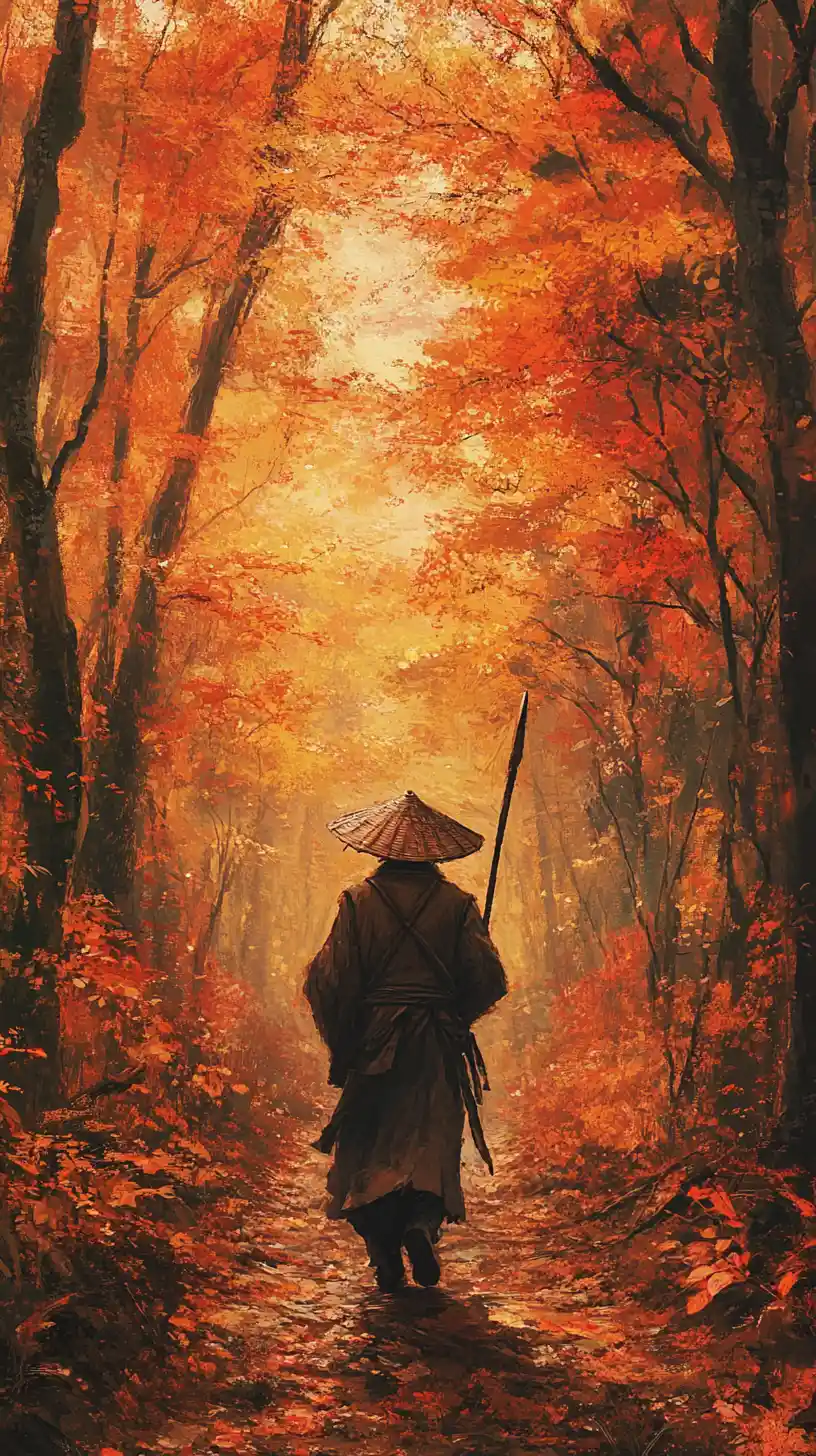 獨行旅人漫步在秋日森林小徑上